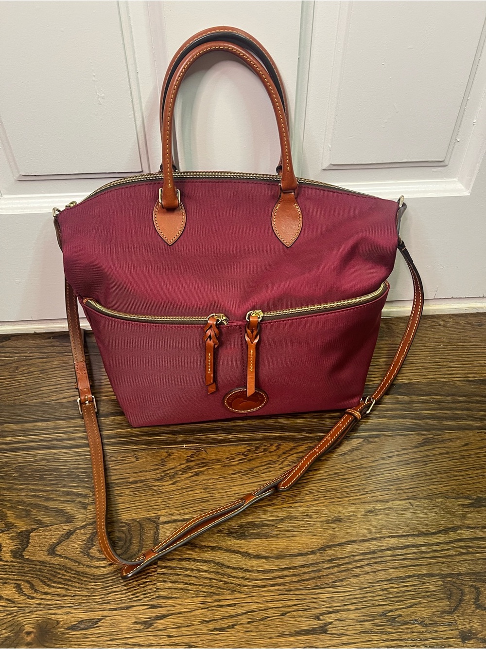 Dooney & Bourke Burgundy Nylon Shoulder Bag with Tan Leather Trim - Picture 2 of 13